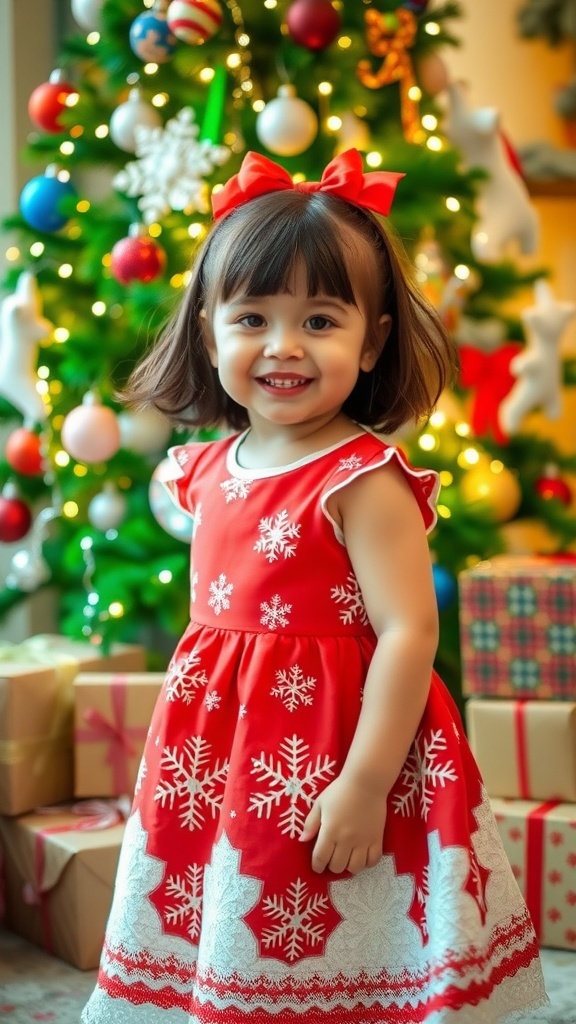 A little girl in a red Christmas dress with snowflakes, smiling in front of a Christmas tree.